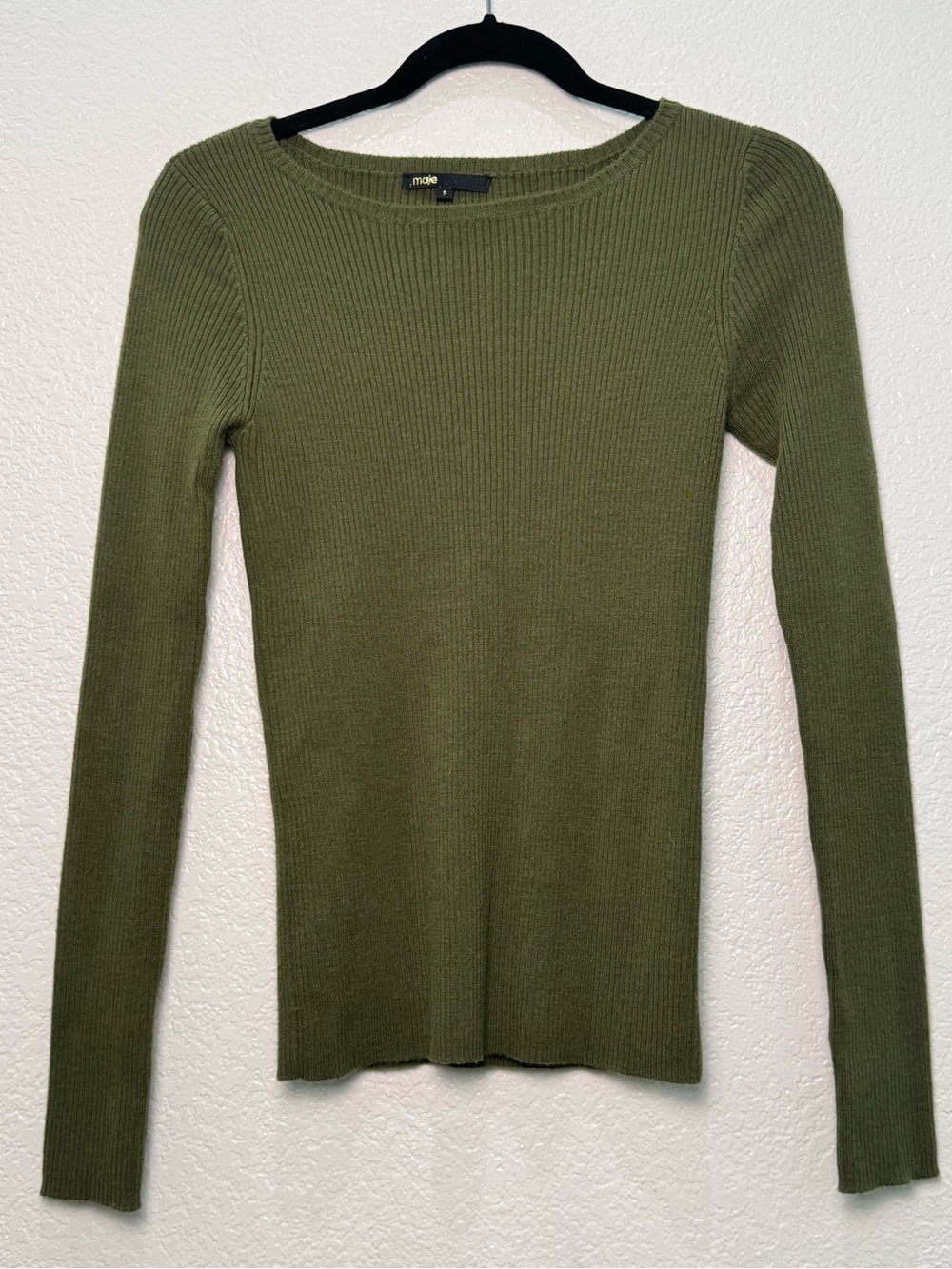 Maje Sweater Womens 2 Green Wool Blend Ribbed Knit Scoop Neck Fitted France